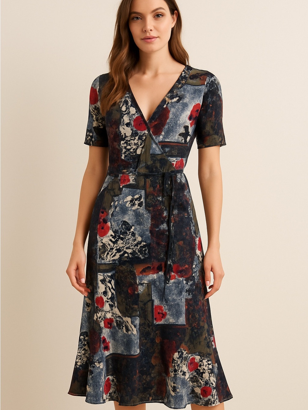 JOSEPH RIBKOFF wrap dress Navy blue red floral abstract print lined size 8